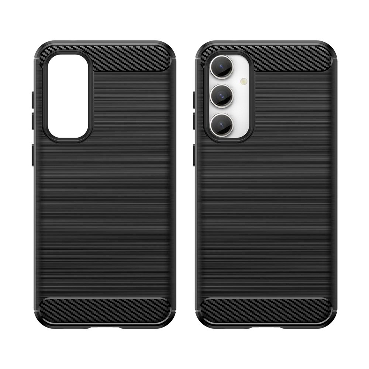 Twee zwarte telefoonhoesjes. Eén open, één gesloten, met een textuurpatroon.