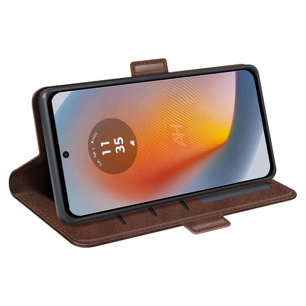 Bruine telefoonhoes met tijd. De hoes is open.