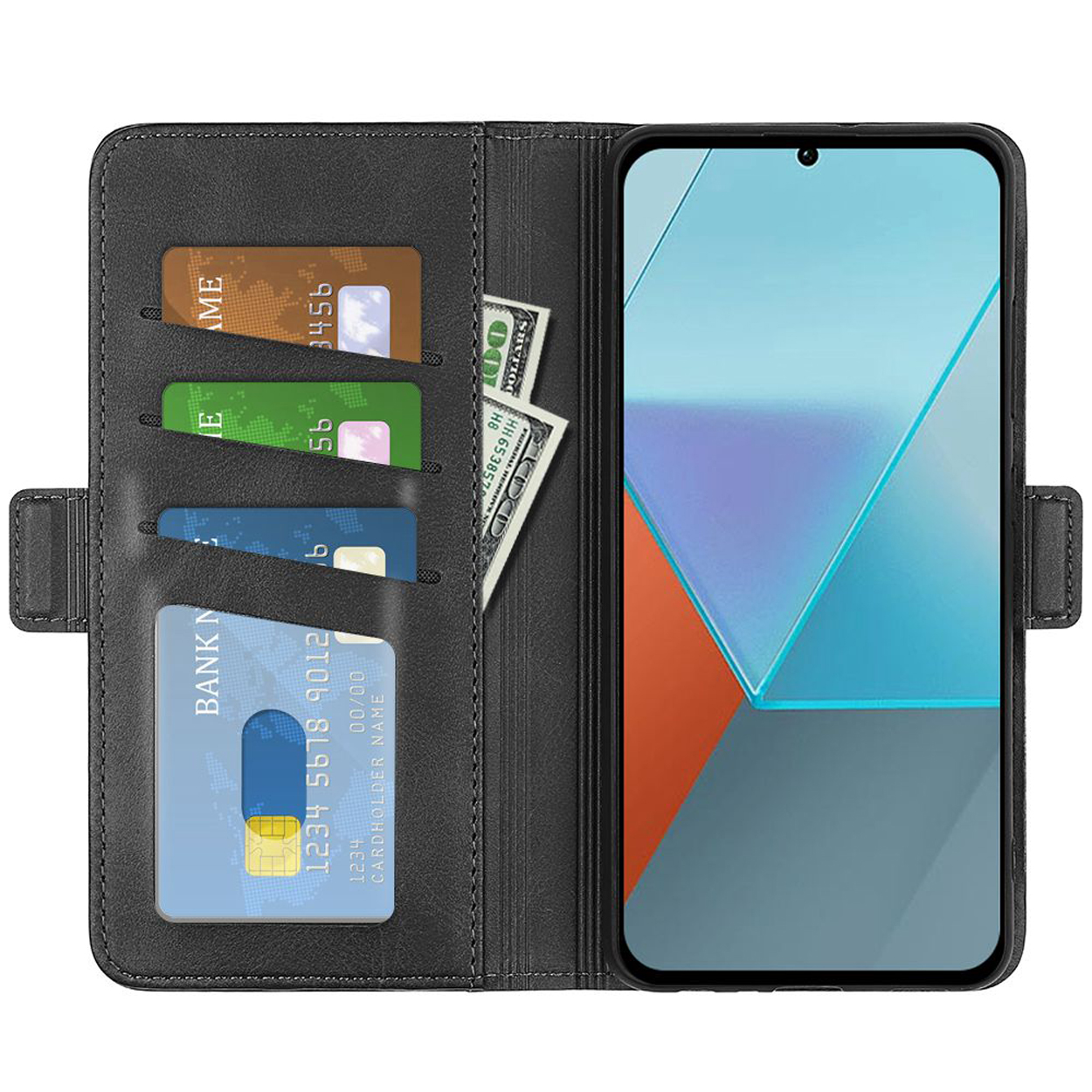 Zwarte telefoonhoes met kaartsleuven, geld en telefoon met kleurenscherm.