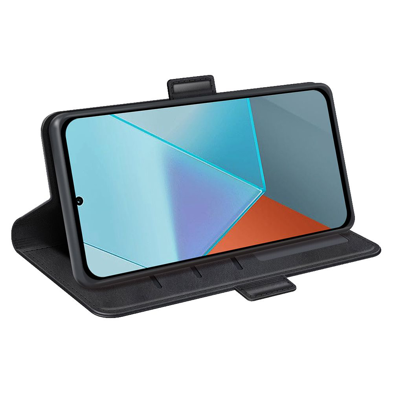 Een zwarte telefoon in een zwarte hoes, open. Het scherm toont een gekleurd geometrisch ontwerp.