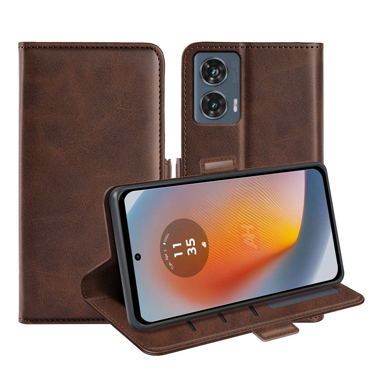 Bruine telefoonhoes, met telefoon. Telefoonscherm toont tijd en batterijpercentage.
