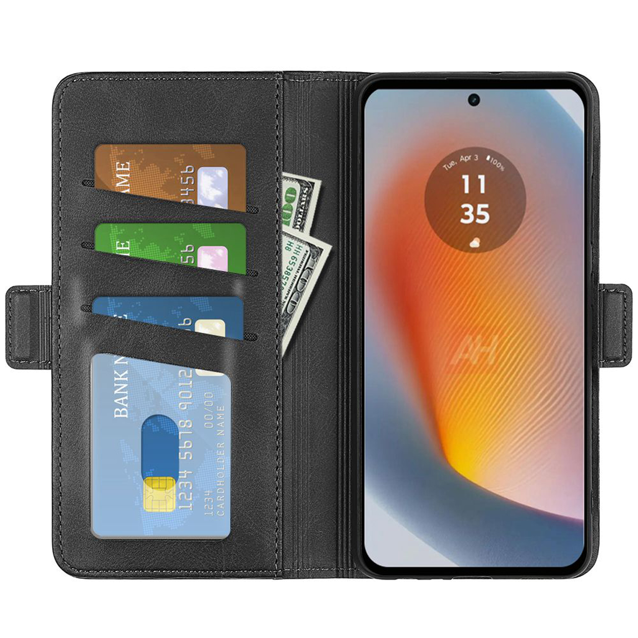 Zwarte portemonneehoes met kaarten en contant geld, en een telefoon met de tijd.