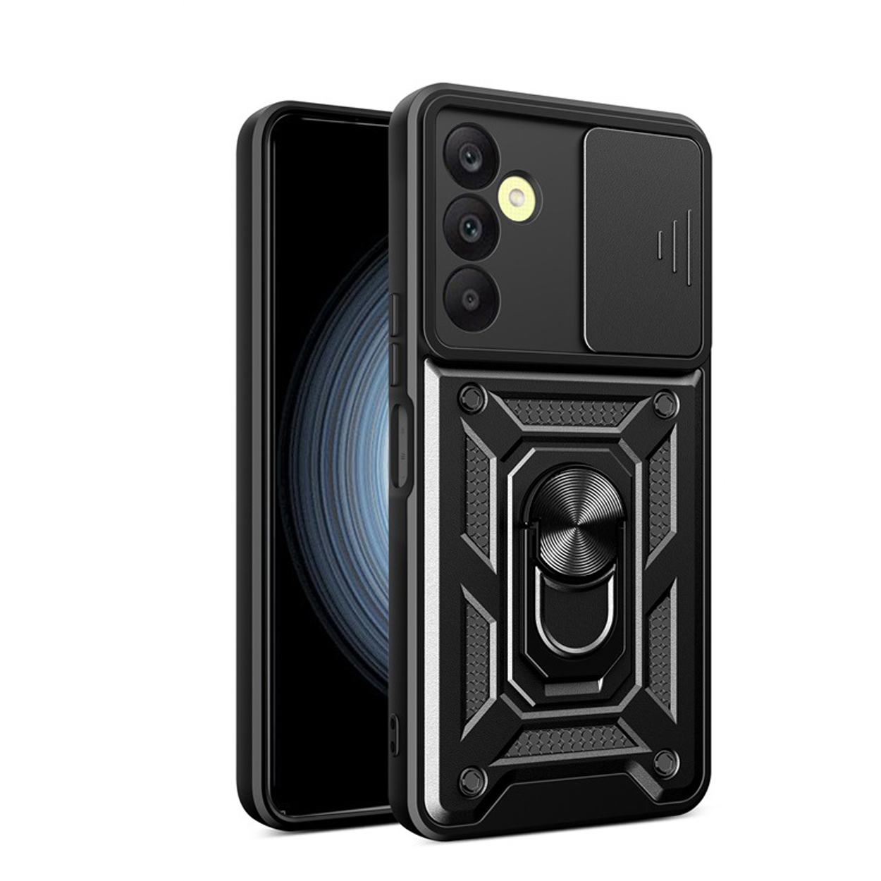 Coque de téléphone noire avec cache caméra, anneau de maintien et design protecteur.