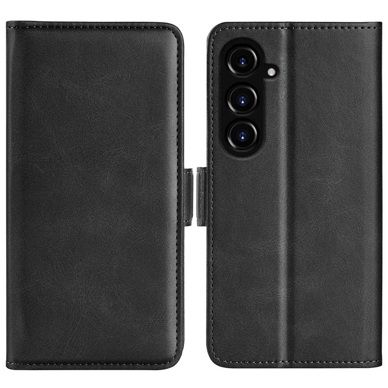 Étui de téléphone en cuir noir, vue avant et arrière. Fermé et ouvert.