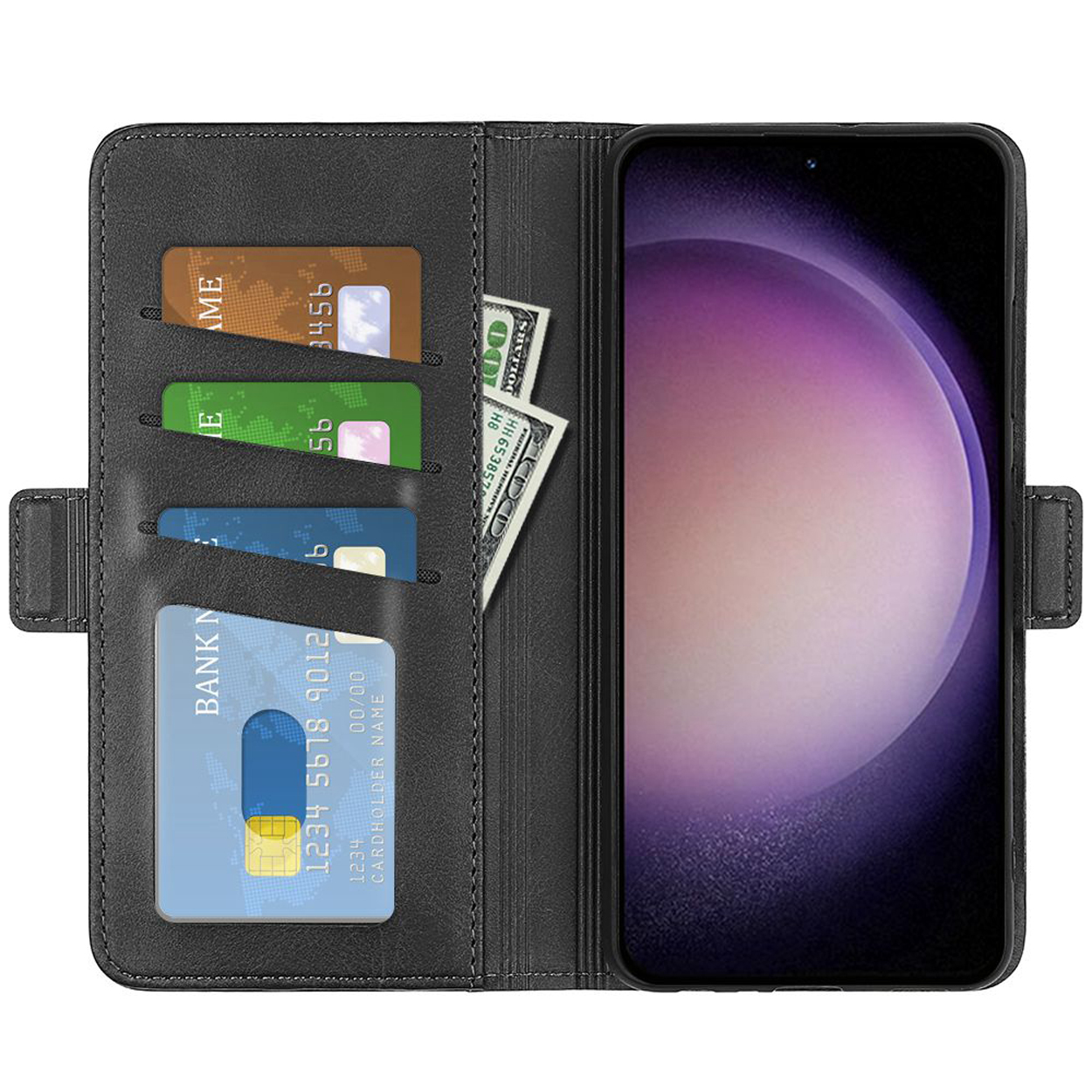 Étui de téléphone noir avec cartes, argent et téléphone affichant écran.