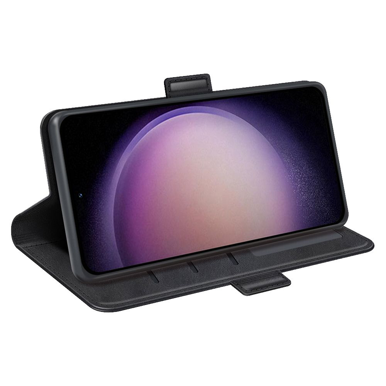 Un téléphone noir dans un étui noir, ouvert. L'écran affiche un design violet et blanc.