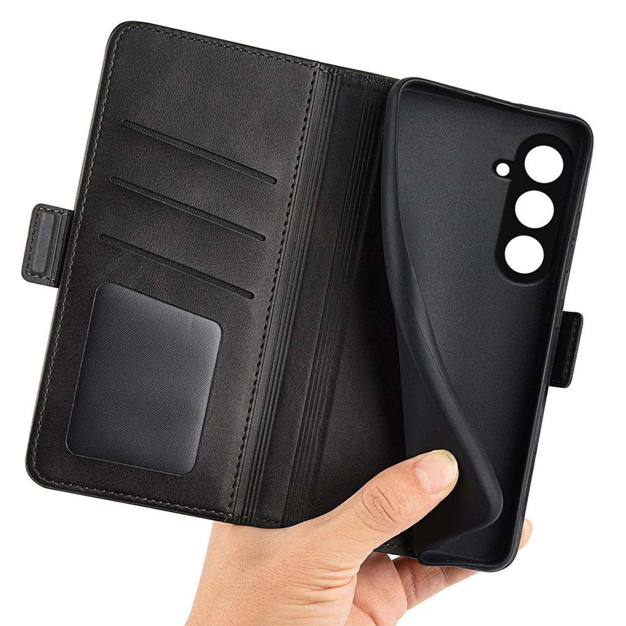 Étui de téléphone en cuir noir, style portefeuille, ouvert, montrant fentes et étui noir.
