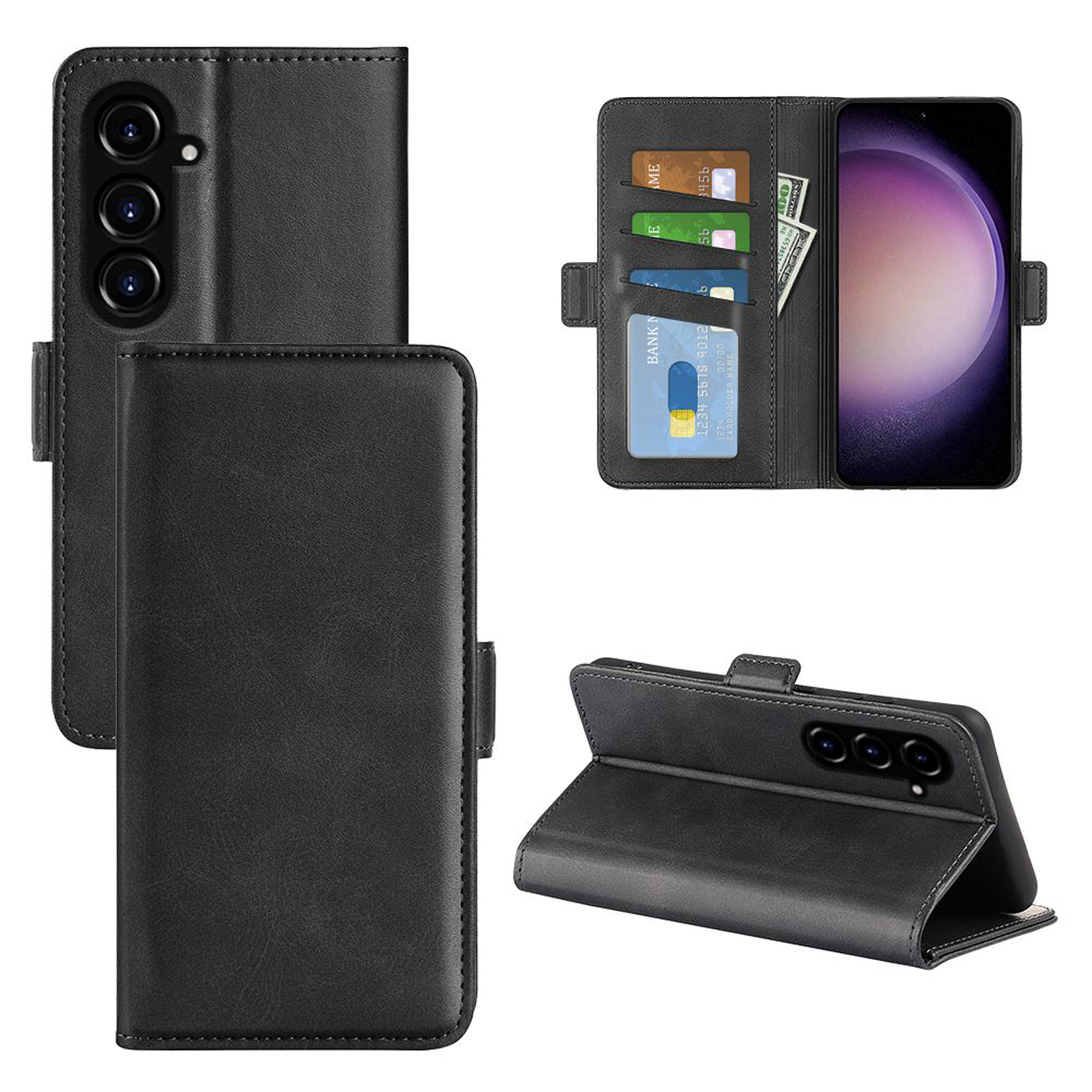 Étui de téléphone noir avec cartes, argent et téléphone. Téléphone présenté à différents endroits.