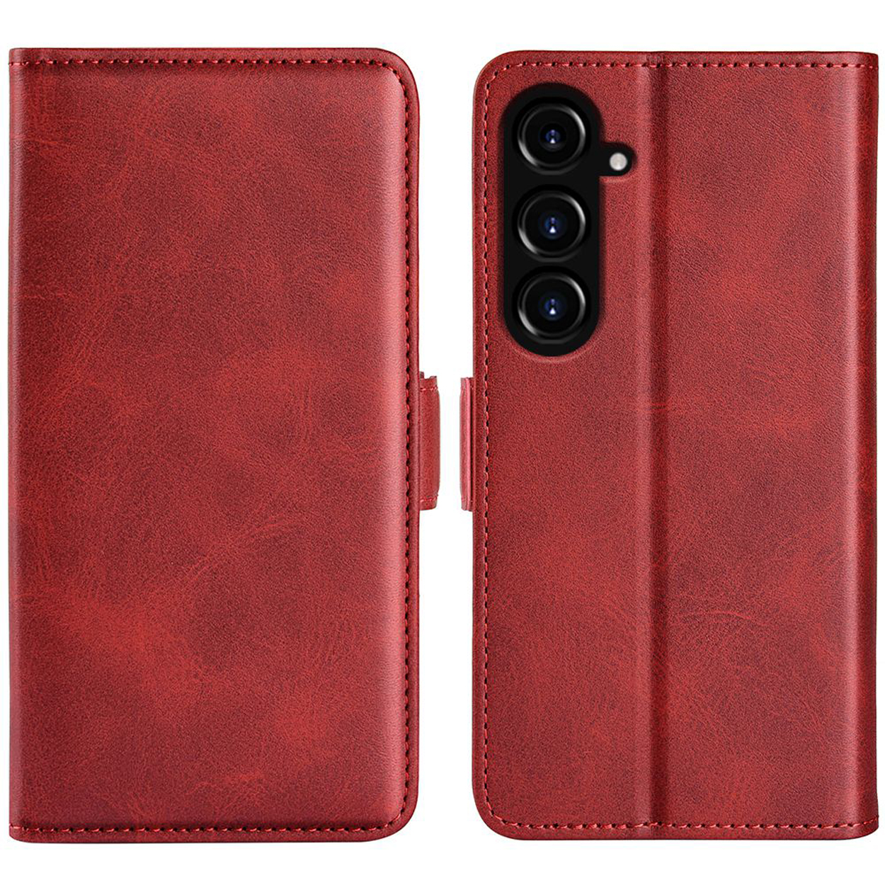 Étui de téléphone en cuir rouge, fermé et ouvert, montrant l'avant et l'arrière.