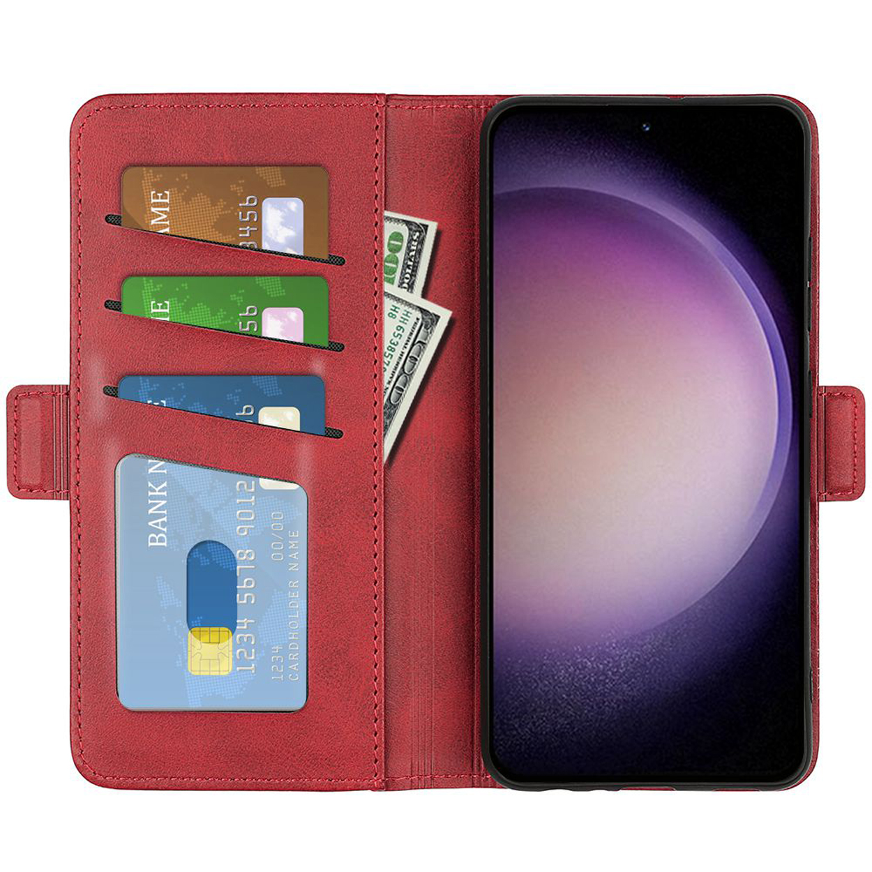 Un étui de téléphone rouge, ouvert avec un téléphone montrant des cartes et de l'argent à l'intérieur.