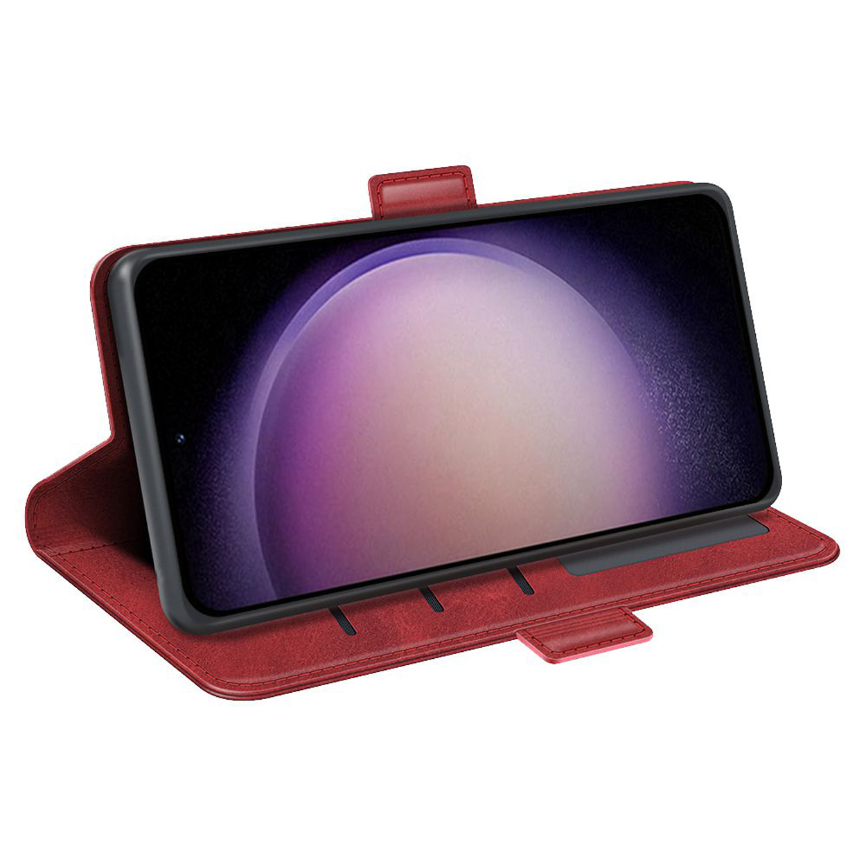 Un étui rouge avec un téléphone à l'intérieur. L'écran du téléphone a un affichage violet.