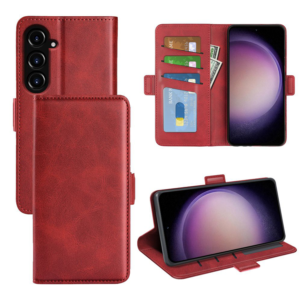 Étui de téléphone en cuir rouge, ouvert avec téléphone et cartes, et deux autres vues.