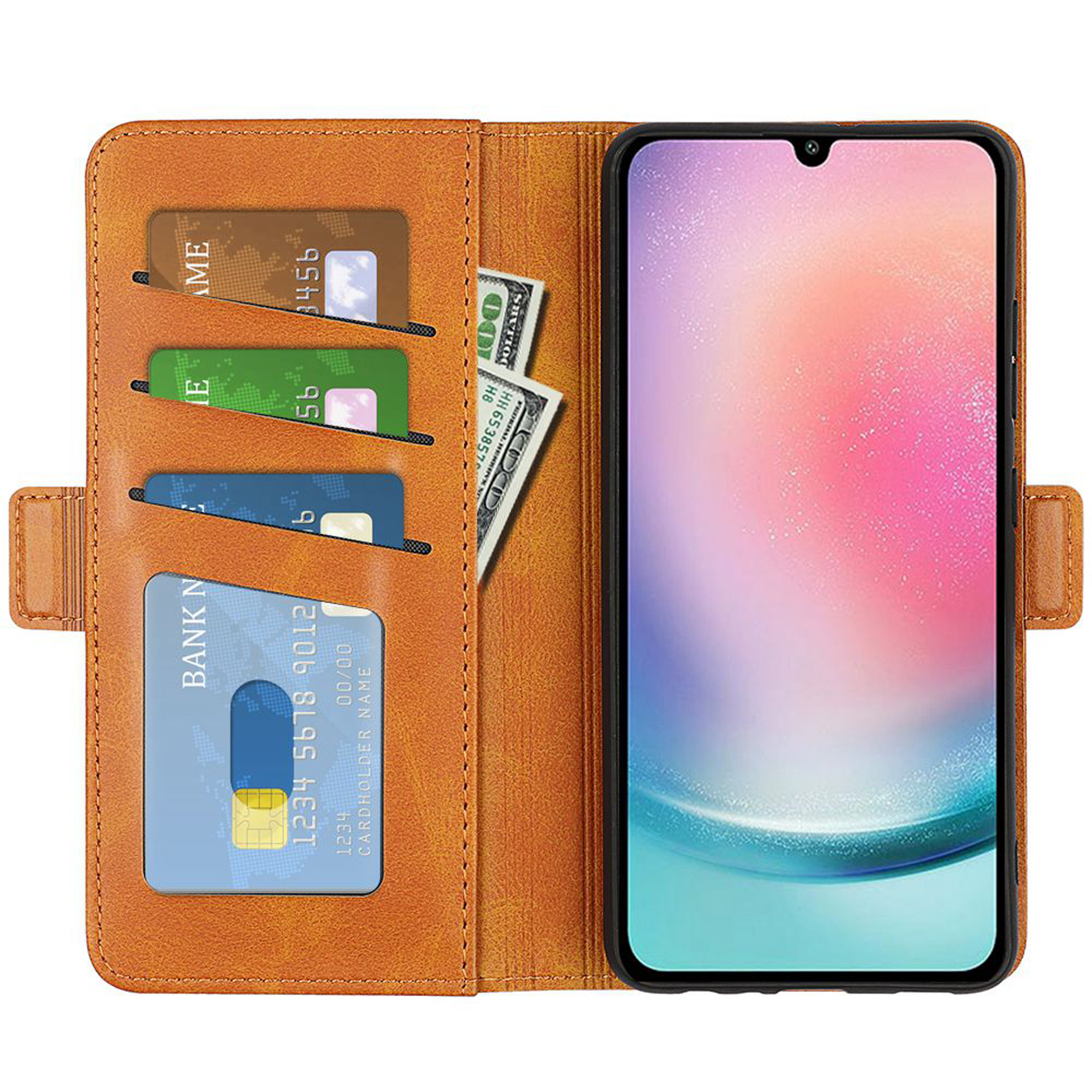 Étui de téléphone marron ouvert avec téléphone, cartes et argent visibles.