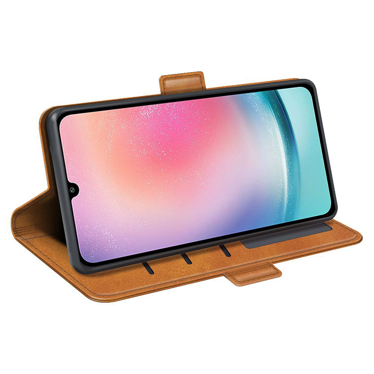 Téléphone dans un étui en cuir marron. L'écran affiche une image. L'étui est ouvert.
