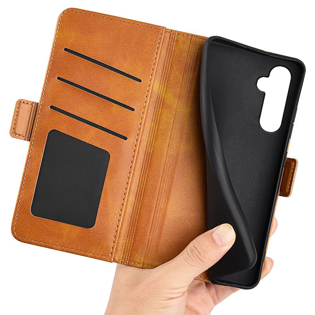 Étui de téléphone en cuir marron, ouvert, avec fentes pour cartes et support de téléphone.
