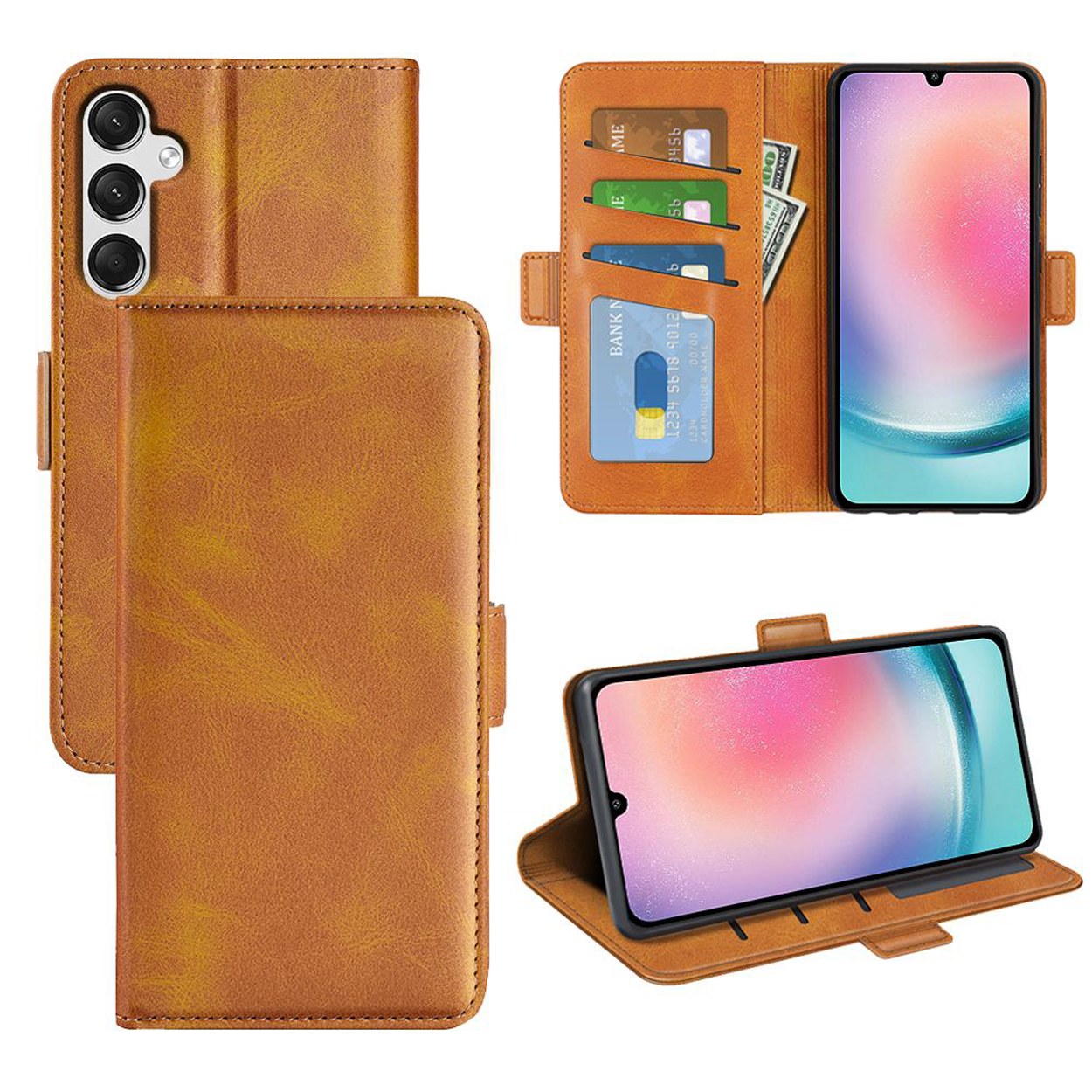Plusieurs vues d'un étui portefeuille en cuir marron avec téléphone, cartes et espèces.
