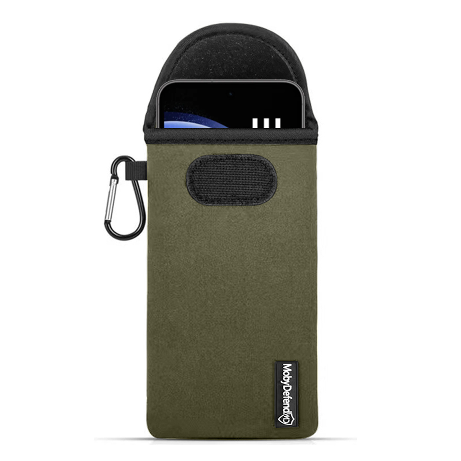 Étui de téléphone vert olive avec haut noir, mousqueton noir et téléphone à l'intérieur.