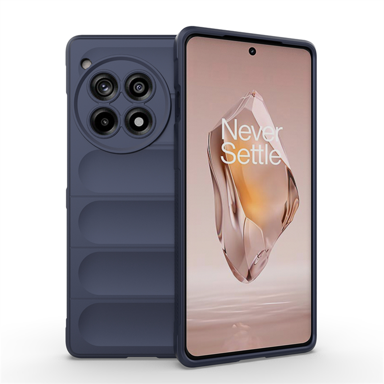 Blauwe telefoonhoes met telefoon erin. De telefoon heeft het 'Never Settle'-logo. Blauwe hoes.