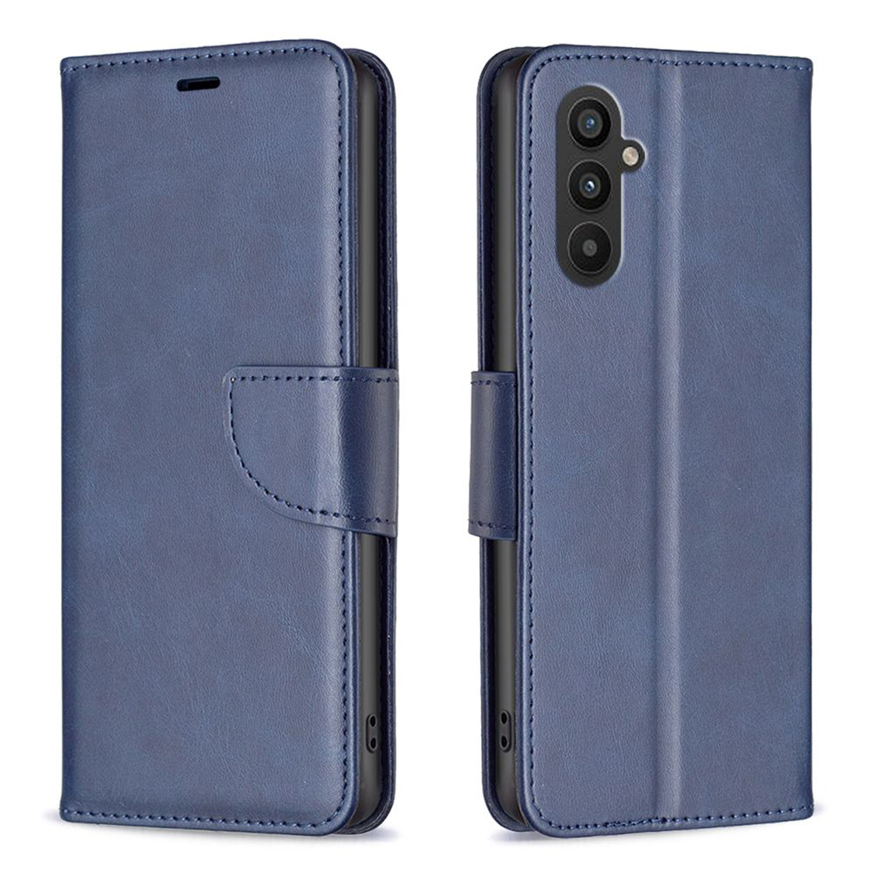 Blauwe telefoonhoes, open en dicht. Kenmerken zijn een klepsluiting en stiksels. De achtergrond is wit.