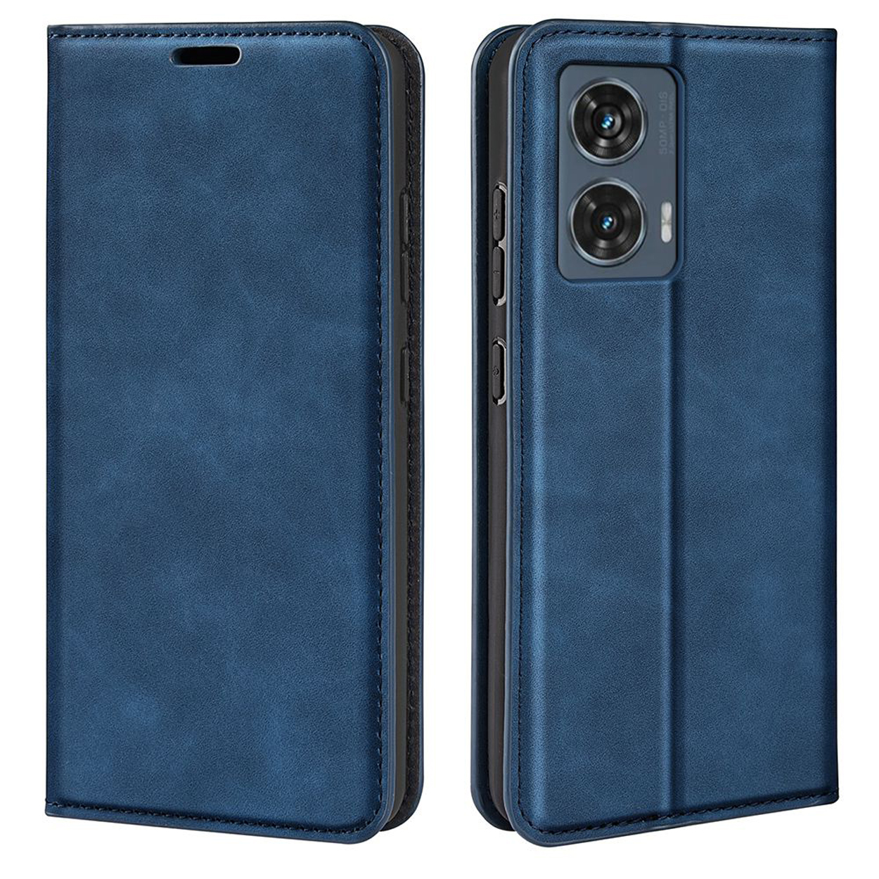 Een blauwe leren telefoonhoes, opengeklapt. De achterkant toont een telefoon met cameralenzen.