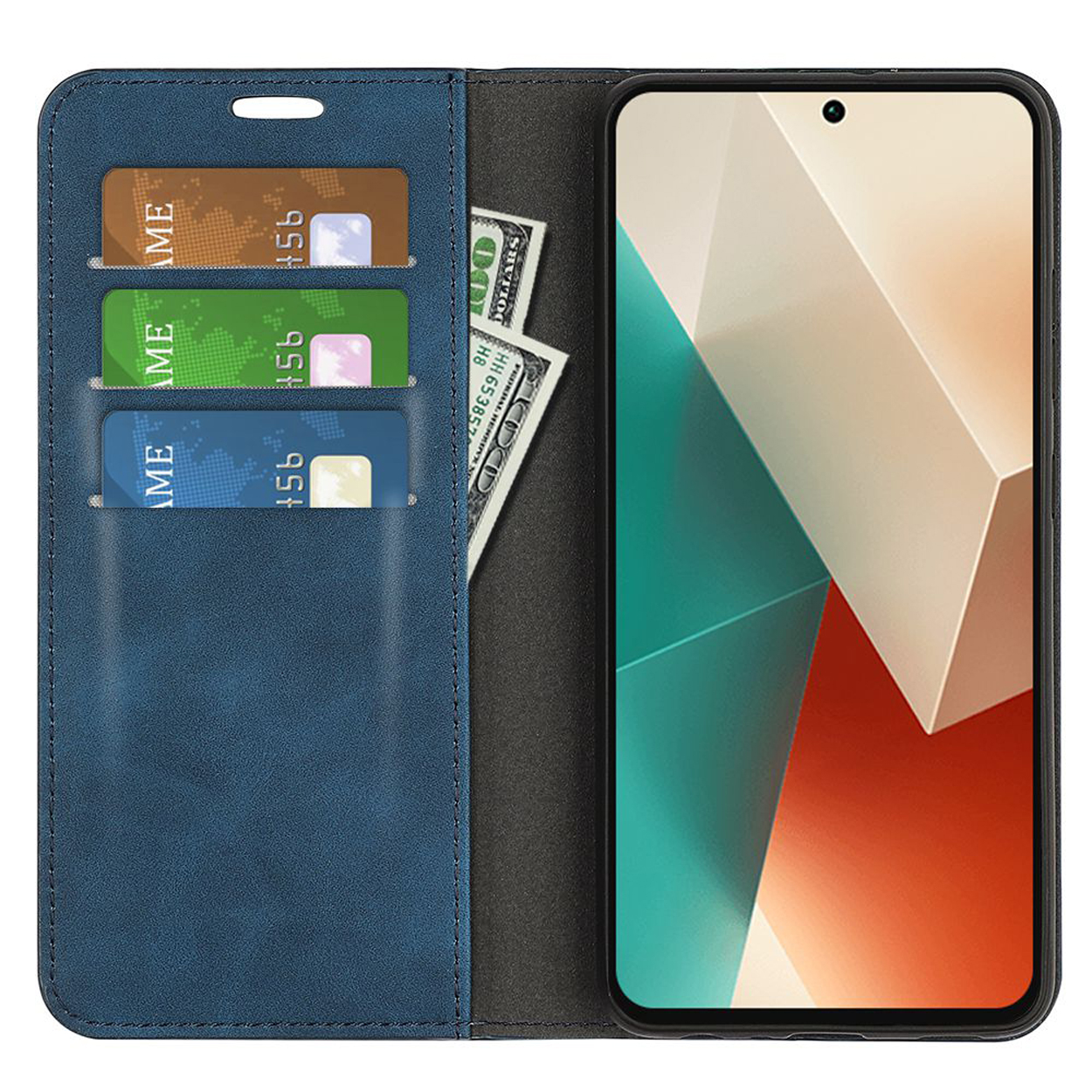 Blauwe telefoonhoes met kaartsleuven, geld en telefoon met scherm.