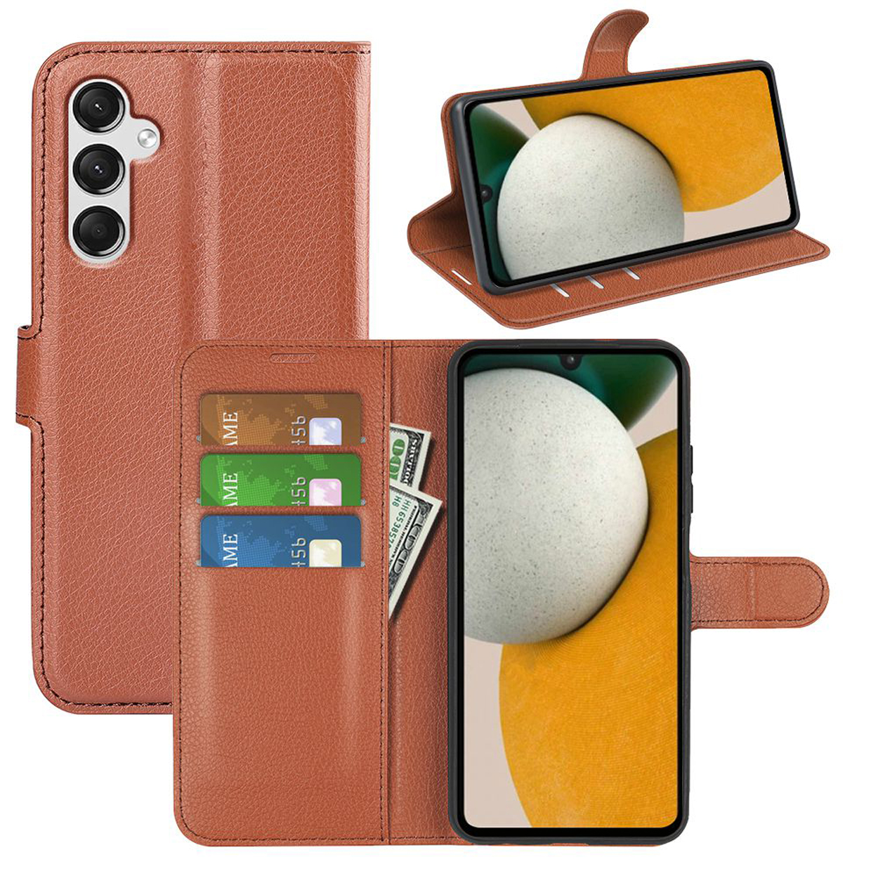 Étui de téléphone en cuir marron, ouvert, avec fentes, argent et téléphone.