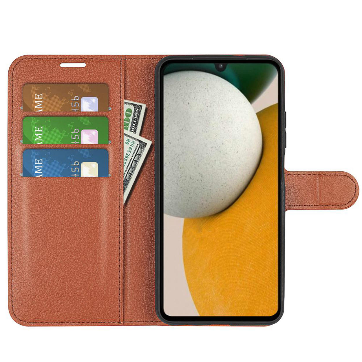 Étui de téléphone marron ouvert avec cartes de crédit, argent et un téléphone affichant une image.