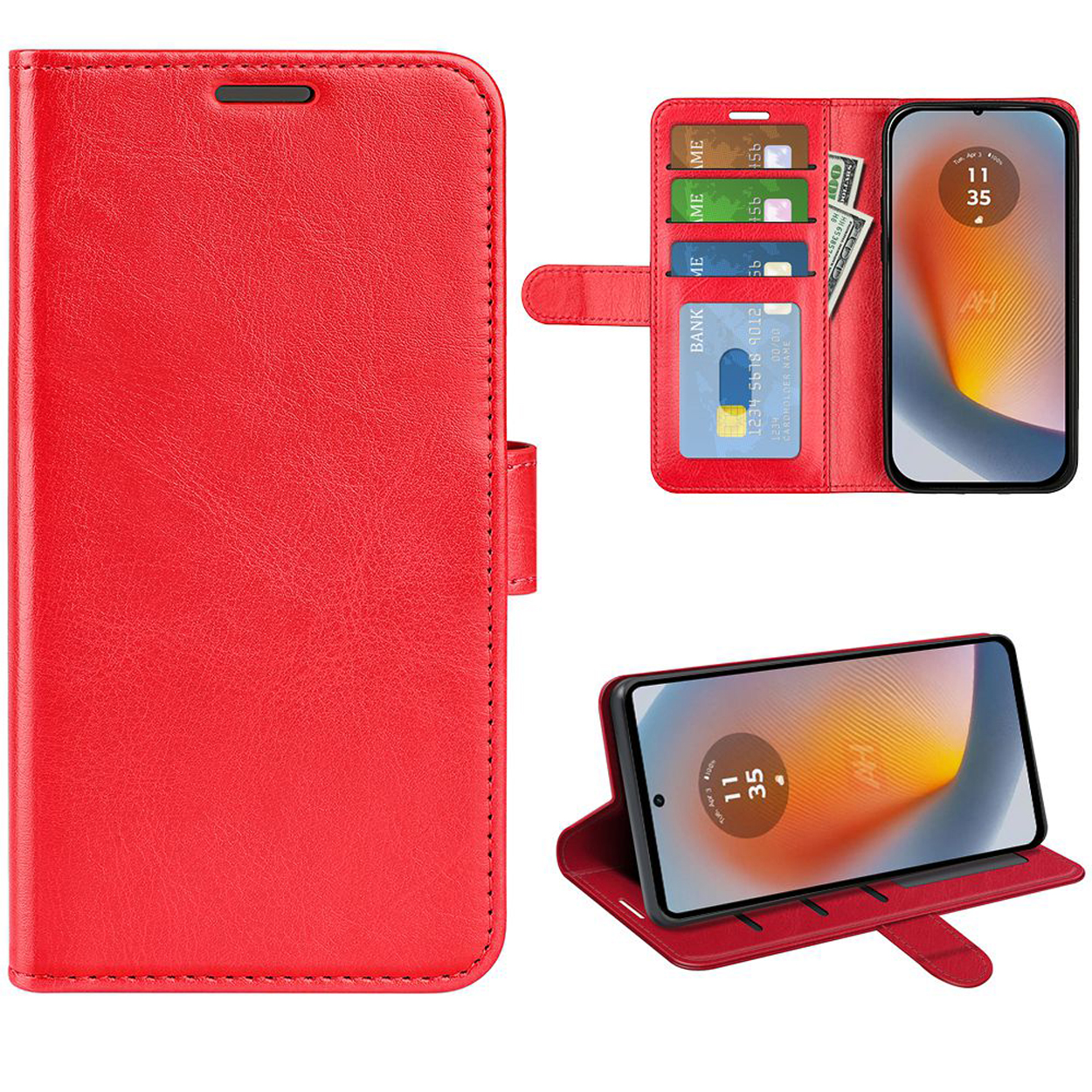 Un étui de téléphone rouge, ouvert, affichant un téléphone, des cartes et de l'argent. Une autre vue est également montrée.