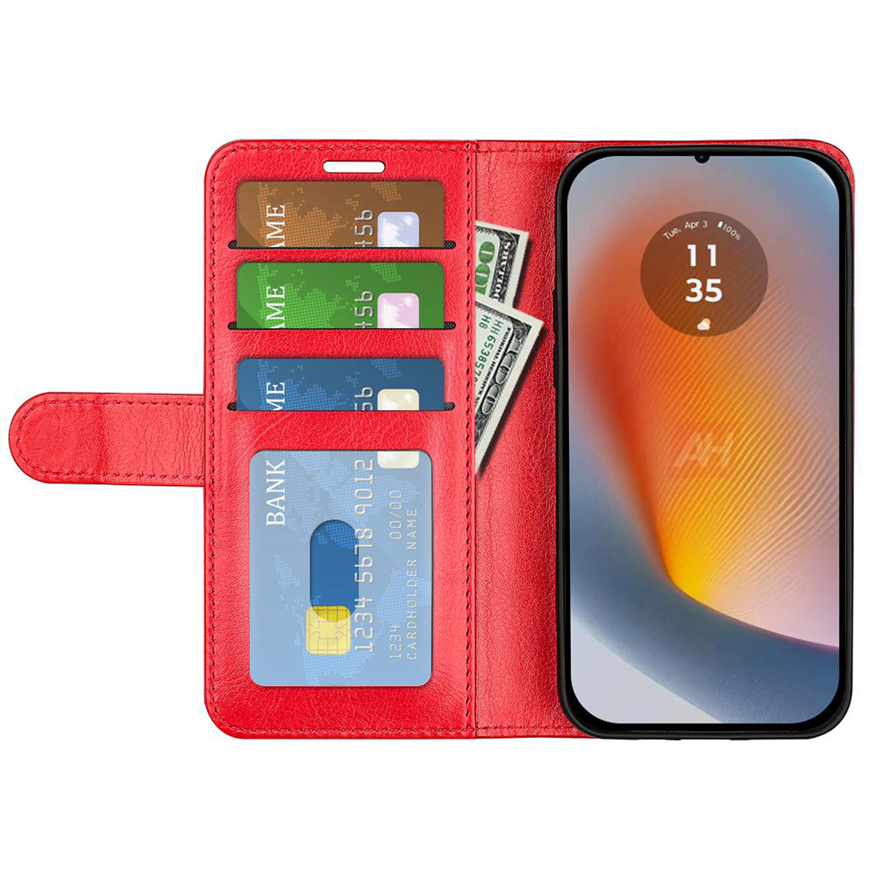 Étui de téléphone rouge ouvert, montrant cartes, argent et téléphone avec heure/date.