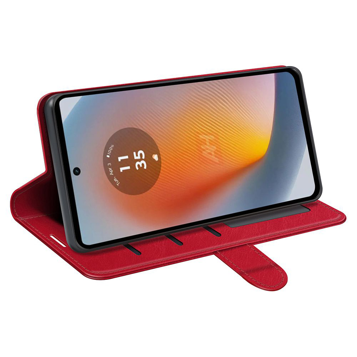 Un étui rouge avec un téléphone à l'intérieur. L'écran du téléphone affiche l'heure et la date.
