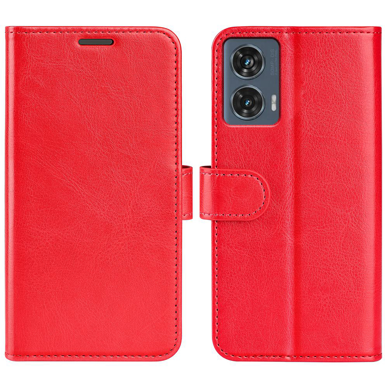 Étui de téléphone rouge, fermé, avec fermoir magnétique et ouvert, montrant l'étui à l'intérieur.