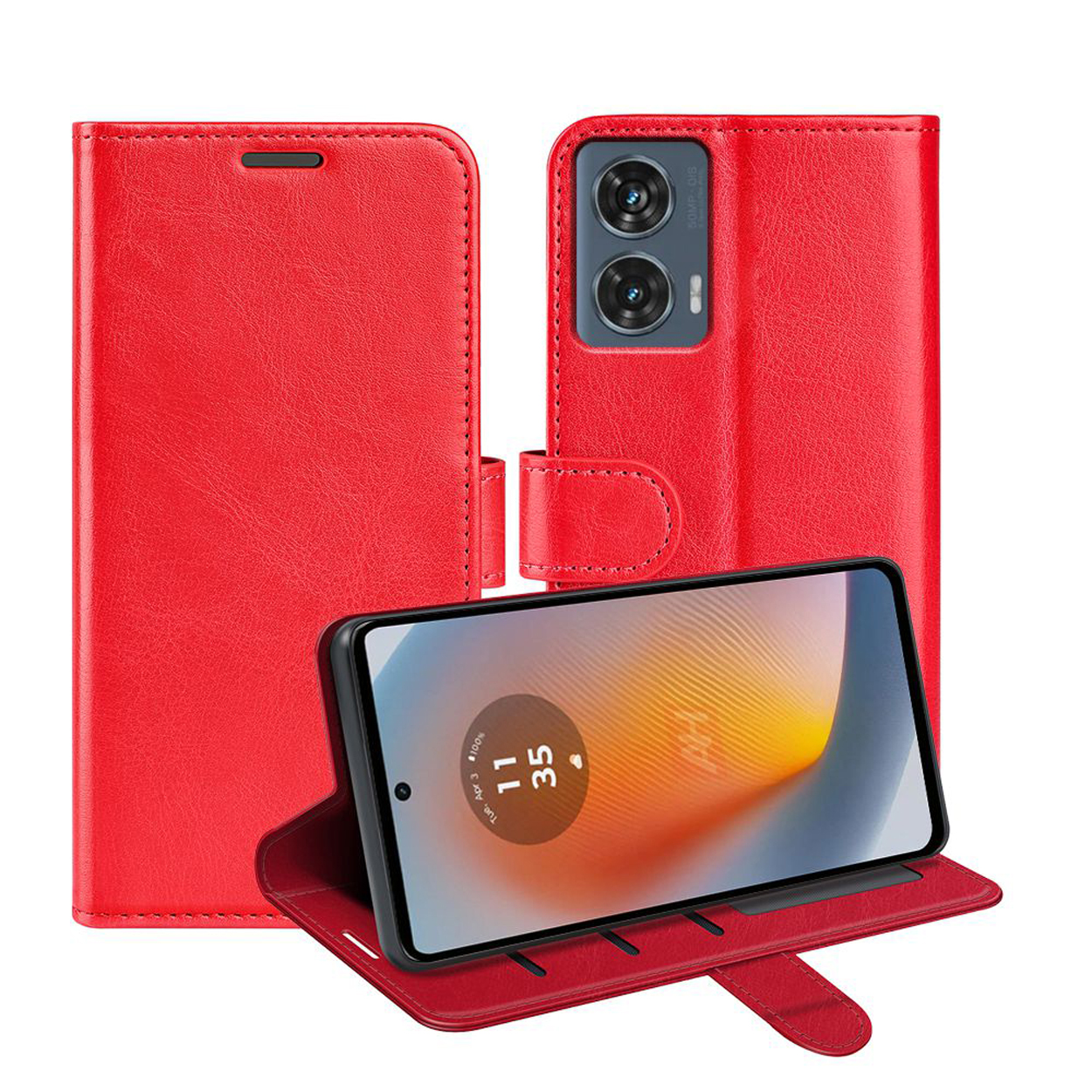 Étui de téléphone rouge ouvert. Téléphone affiché. L'étui est rouge avec fermeture à boucle.
