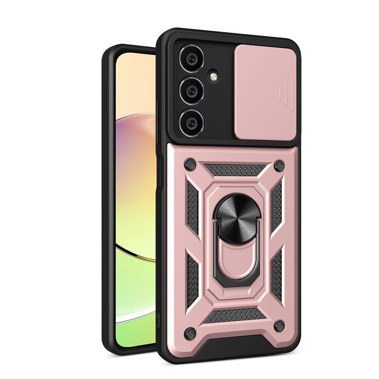 Roze en zwarte telefoonhoes met ringhouder. De hoes bedekt de achterkant.