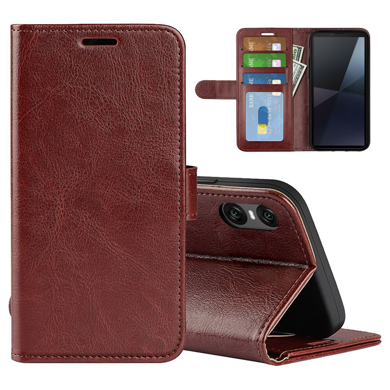 Bruin telefoonhoesje open, met kaarten, contant geld en een telefoon met scherm.