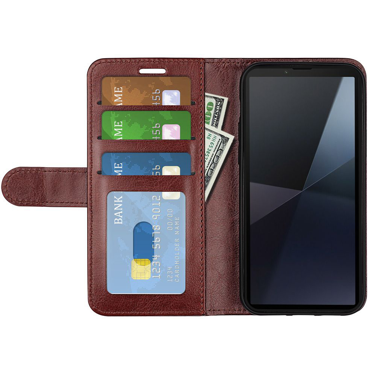 Bruine telefoonhoes, open met kaarten en geld. Telefoon is zichtbaar. Achtergrond is wit.