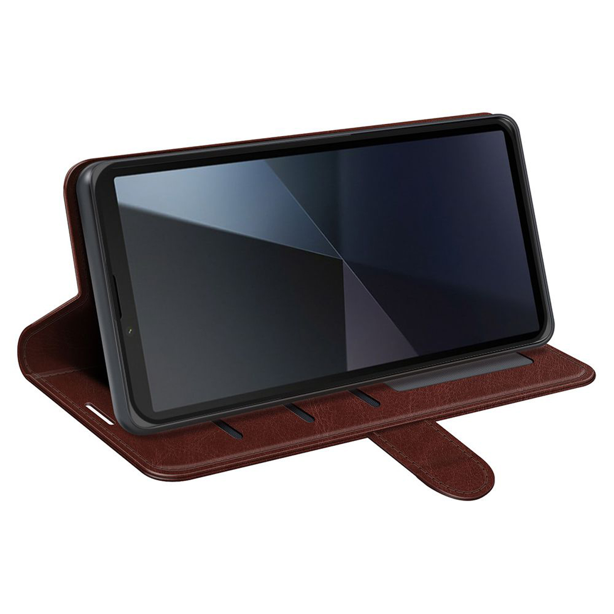 Een bruine telefoonhoes met een telefoon erin. Het scherm van de telefoon is zwart.