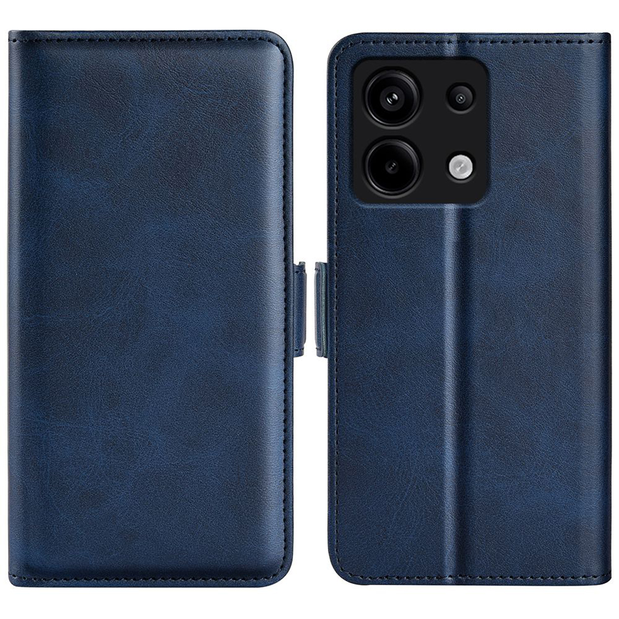 Blauwe portemonnee telefoonhoes, met open en gesloten weergave.