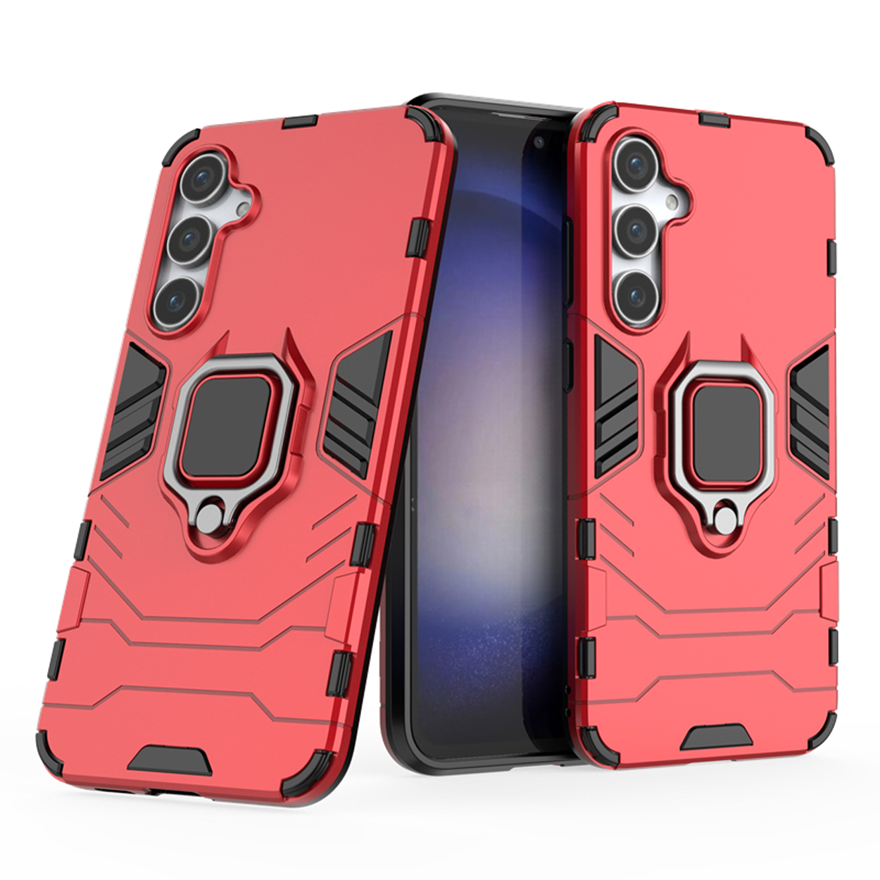 Rode telefoonhoesjes met een ringhouder en een telefoon in het midden.