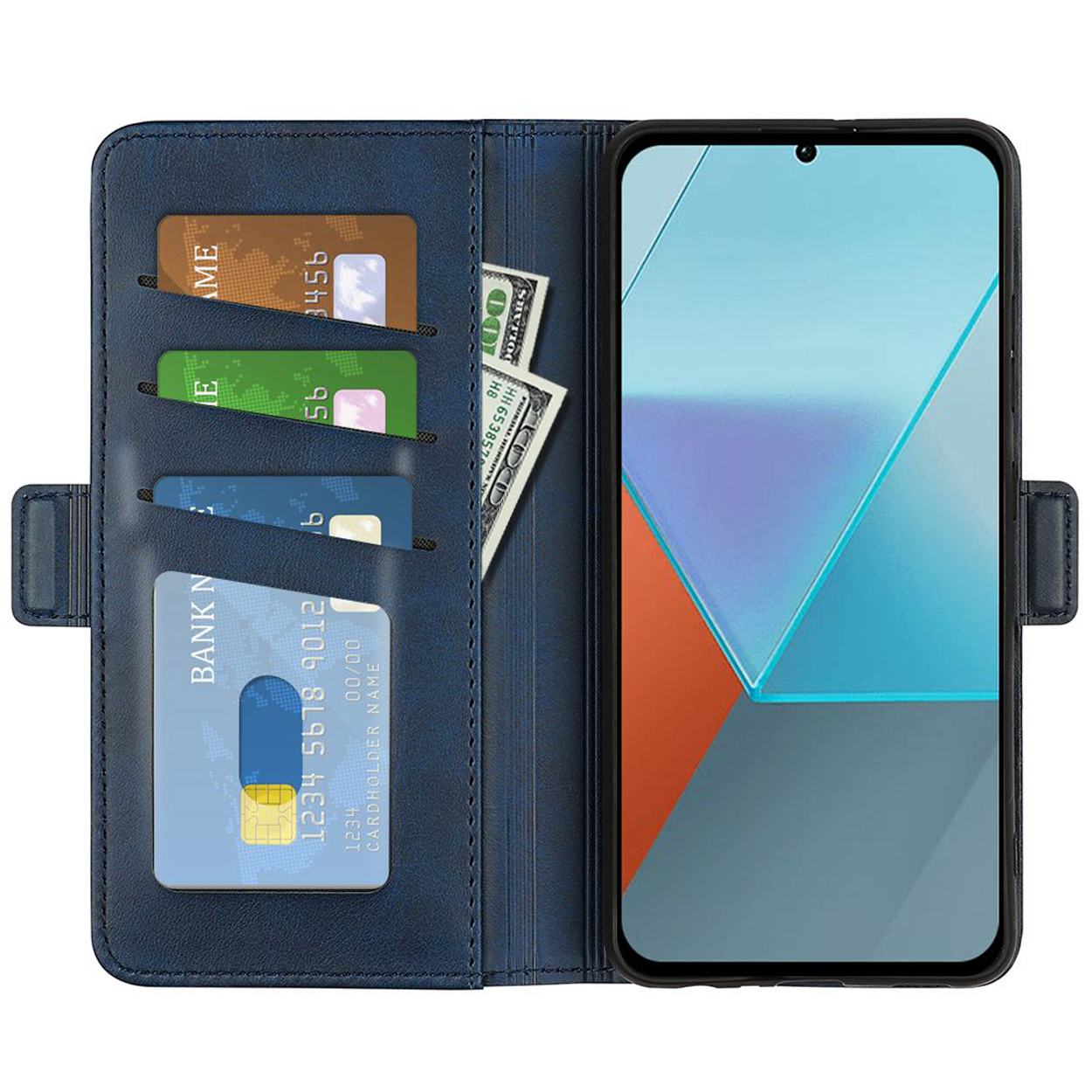 Blauwe telefoonhoes geopend. Creditcards, geld en een telefoon met een geometrisch ontwerp.