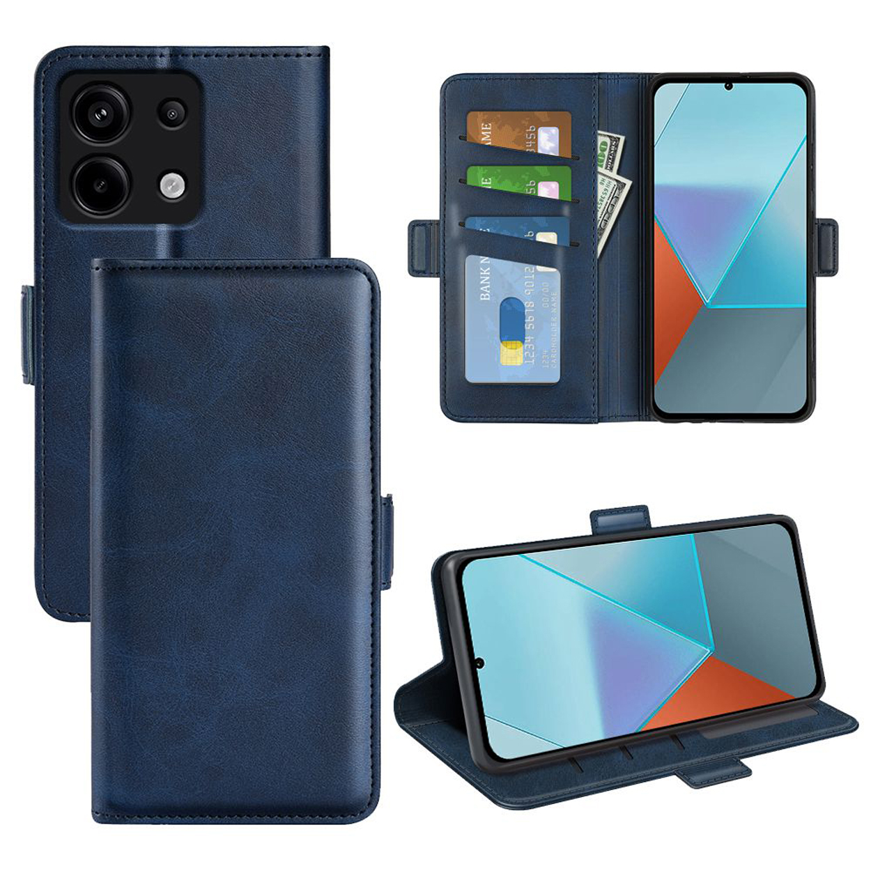 Donkerblauwe telefoonportemonnee, open met kaarten, contant geld en een telefoon die een ontwerp weergeeft.
