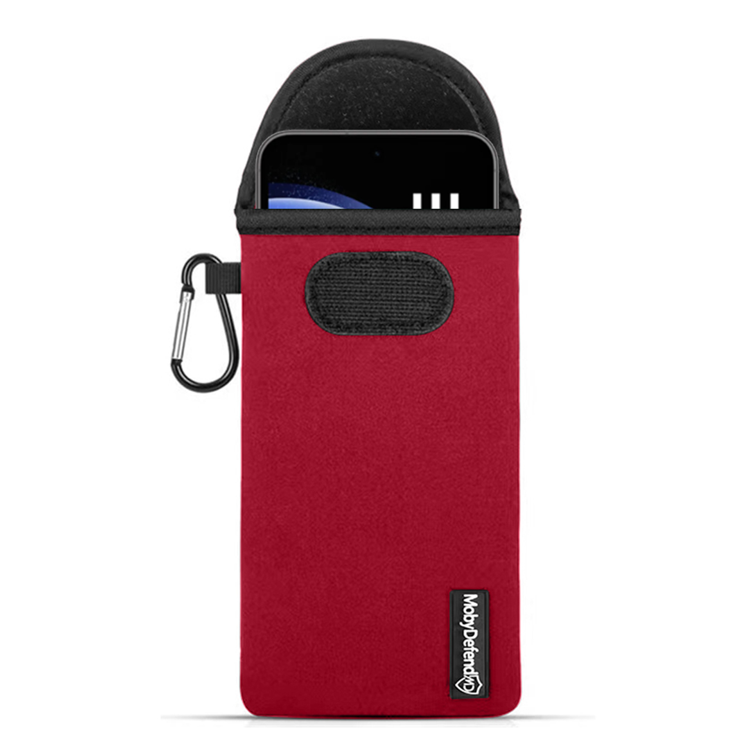 Une pochette de téléphone rouge avec un dessus noir et un mousqueton argenté. La marque est Mobydfender.