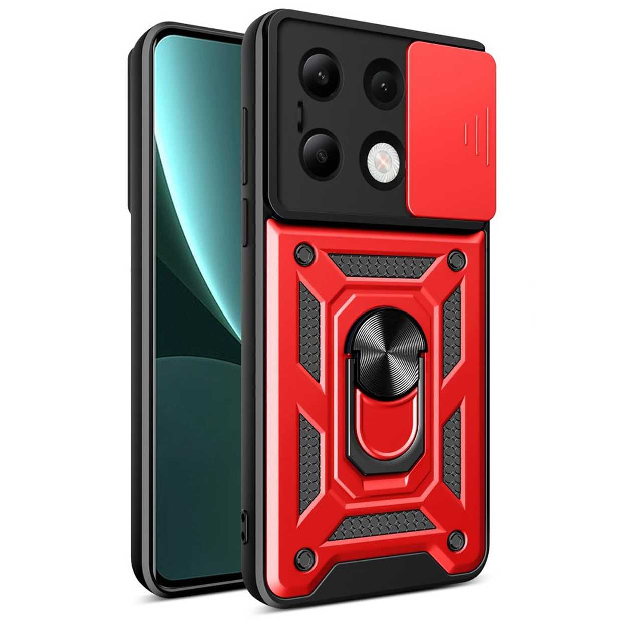 Rode en zwarte telefoonhoes met ringstandaard en cameralensafdekking, naast een telefoon.