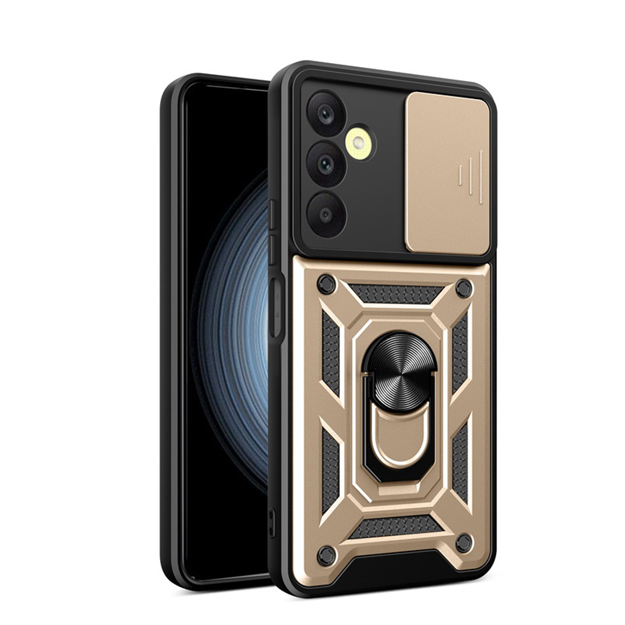 Zwart en gouden telefoonhoes met cameralensbescherming en ringhouder. Telefoon niet zichtbaar.