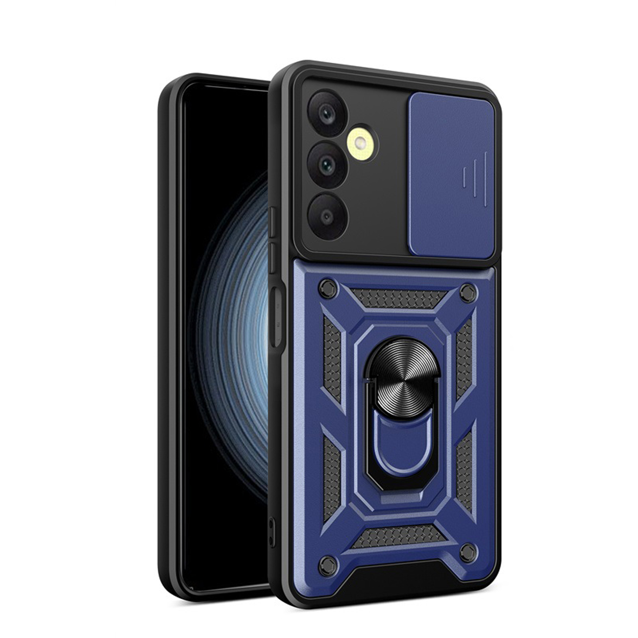 Coque de téléphone bleue avec téléphone à l'intérieur. L'étui a un support de bague et un cache caméra.