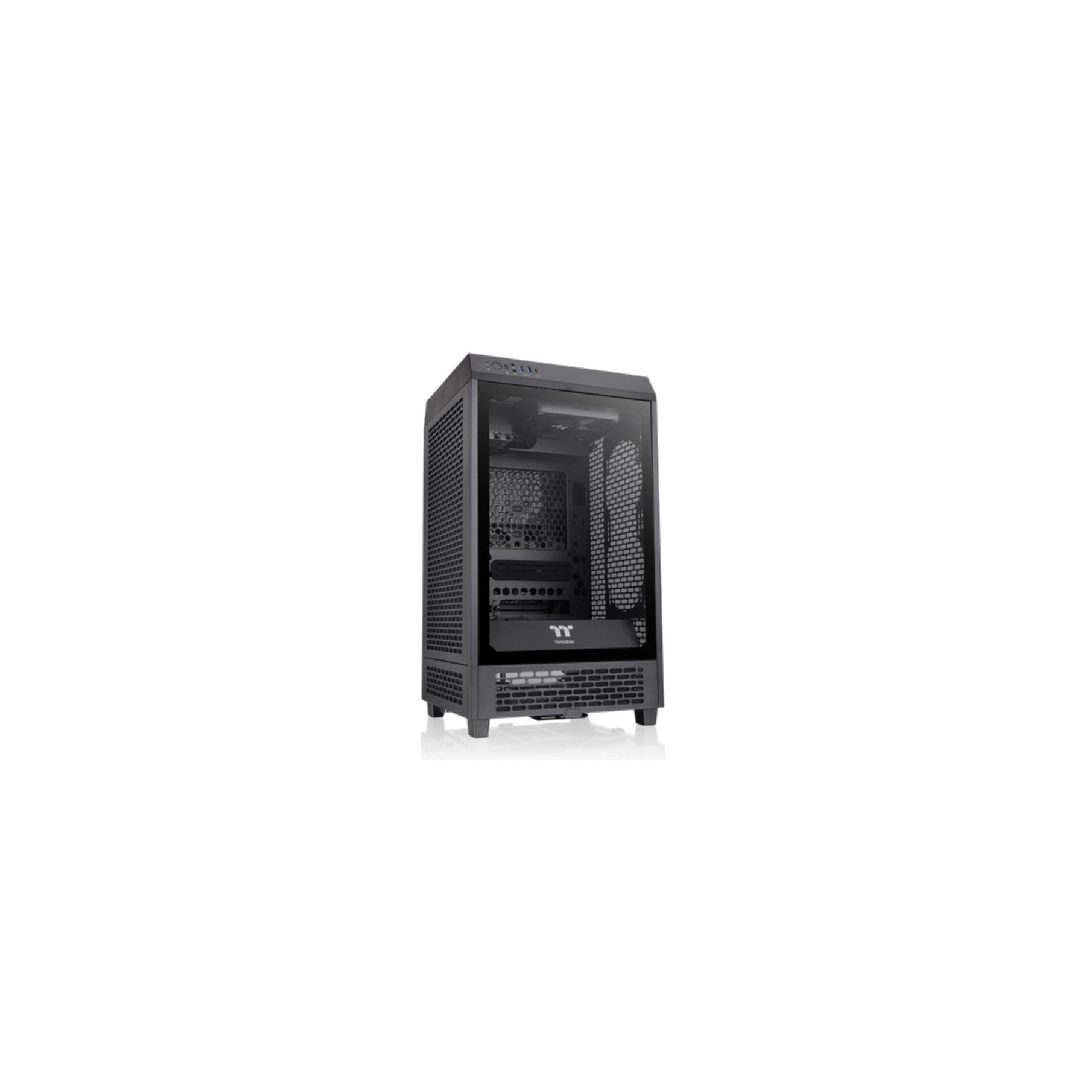 Un case per computer nero con un pannello laterale in vetro e un pannello frontale a rete.