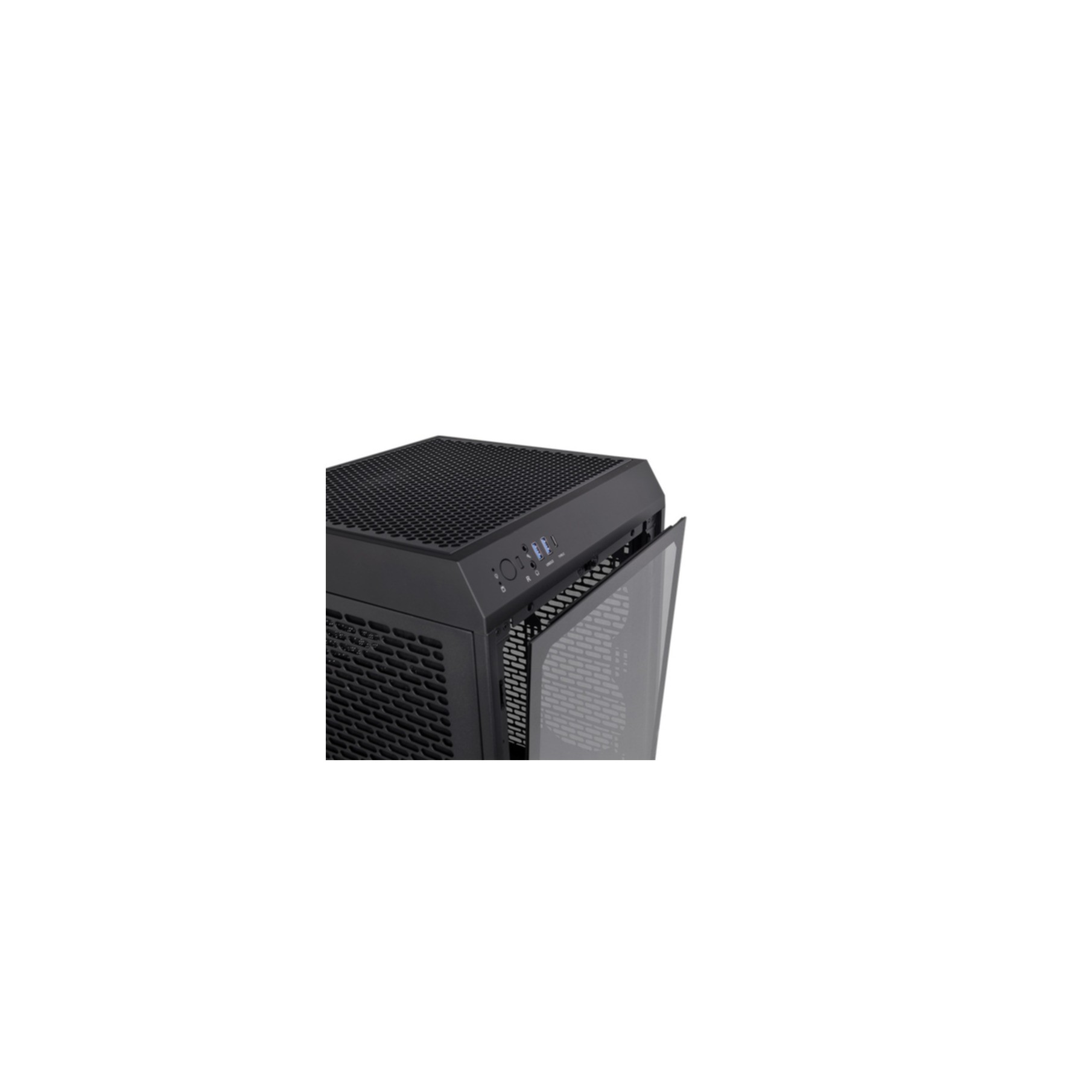 Case nero per computer. Il pannello laterale è aperto. L'interno è visibile.