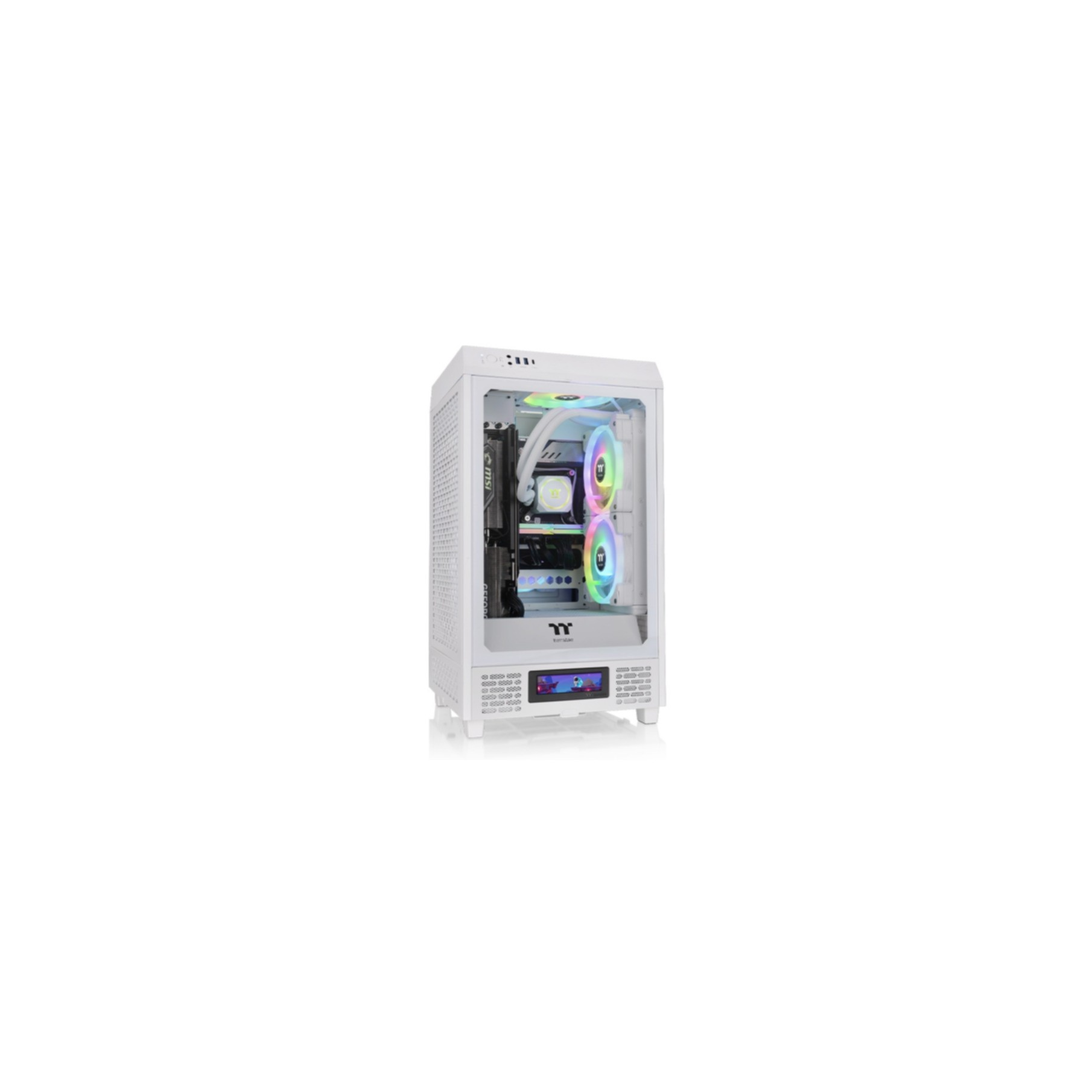 Case bianco con componenti all'interno. Luci colorate visibili.