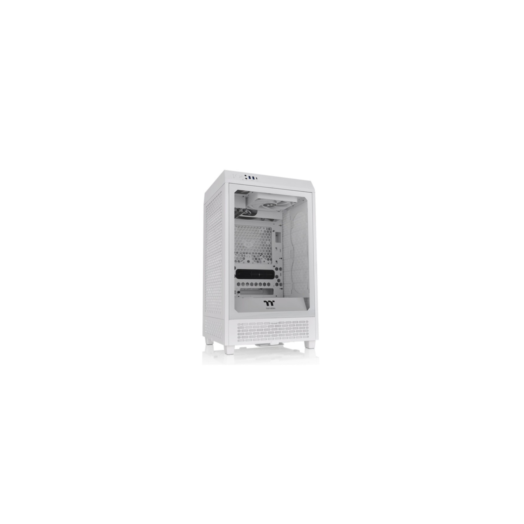Case per computer bianco con un pannello laterale in vetro e un pannello frontale a rete.