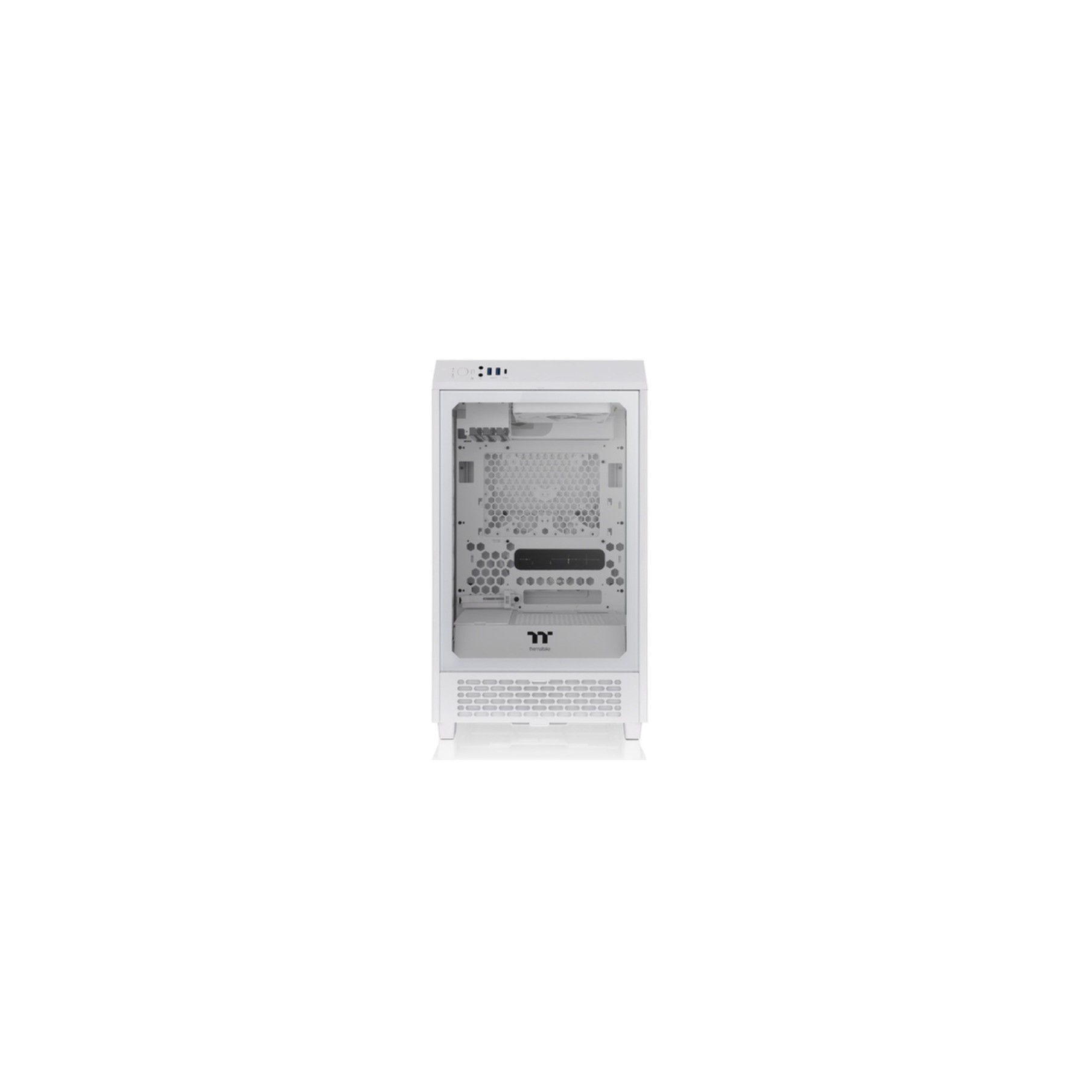 Un case per computer bianco con un pannello laterale in vetro, che rivela i componenti interni.