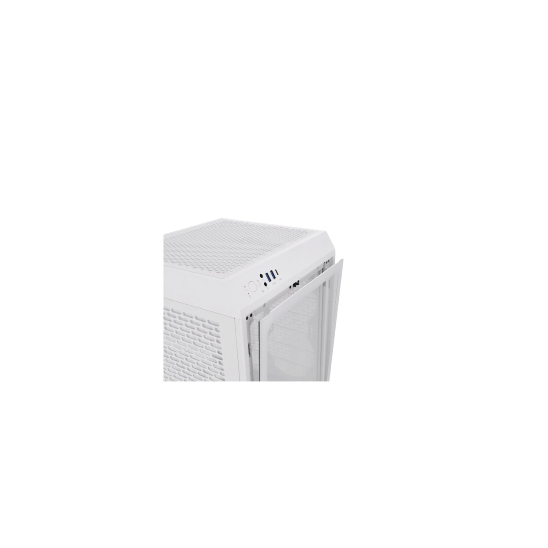 Case per computer bianco, parzialmente aperto. Il pannello frontale è aperto. Il case bianco è pulito.